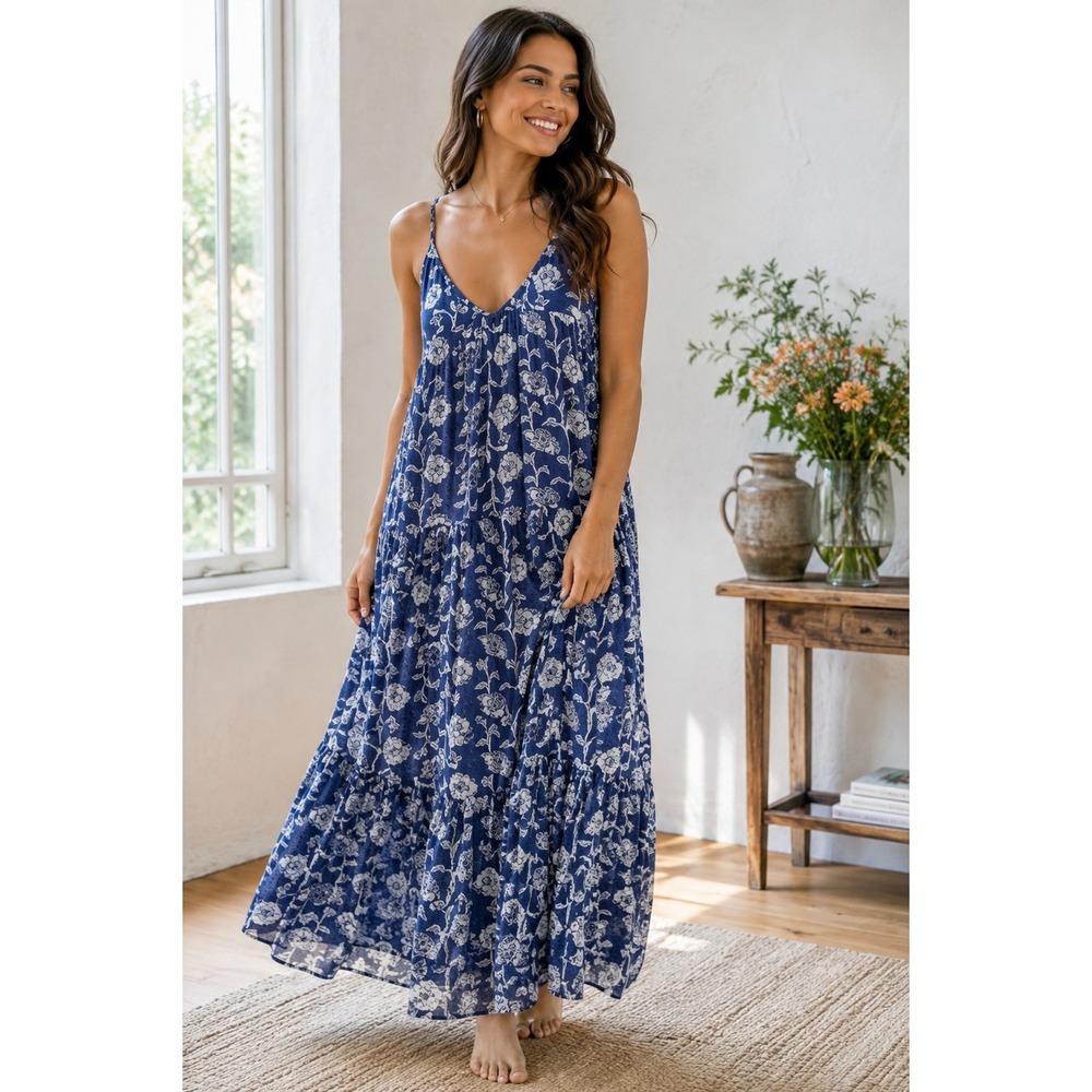 Natural Life Maxi Dress Blue White Floral Cotton Gauze Boho M